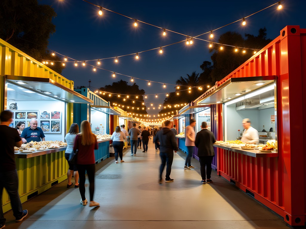 Colorful food stalls at Eat Street Northshore Markets Brisbane at night