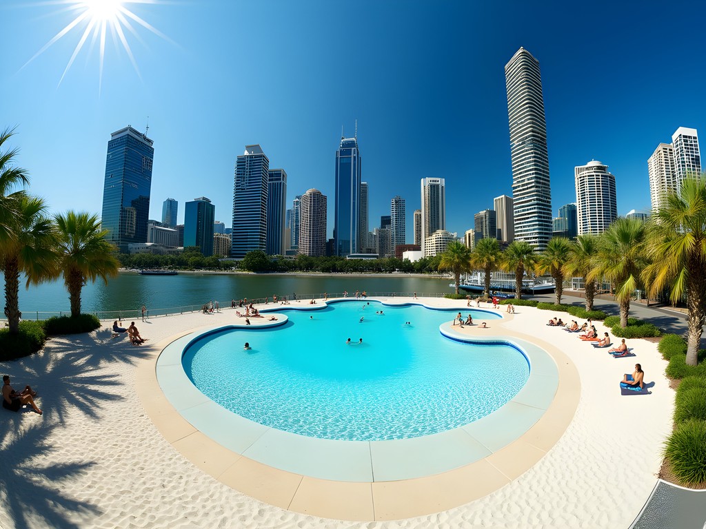 Streets Beach at South Bank with Brisbane skyline in background