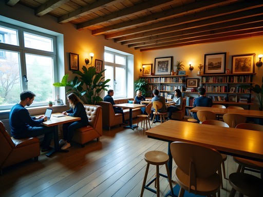 Cozy common area in Hostel Mitte with wooden furniture and local artwork