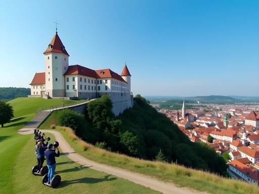 Woman on segway tour near Špilberk Castle in Brno with city view in background