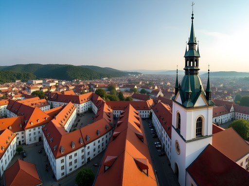 Panoramic view from St. Peter and Paul Cathedral tower overlooking Brno's red rooftops