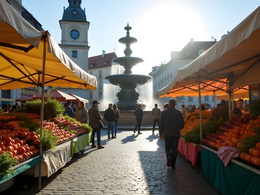 Morning scene at Zelný trh (Cabbage Market) in Brno with local vendors and fresh produce