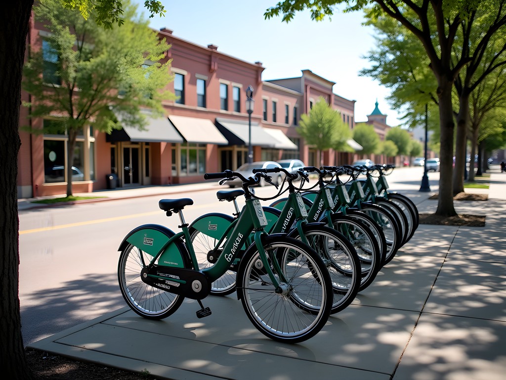 Brookings bike share station in downtown area with historic buildings