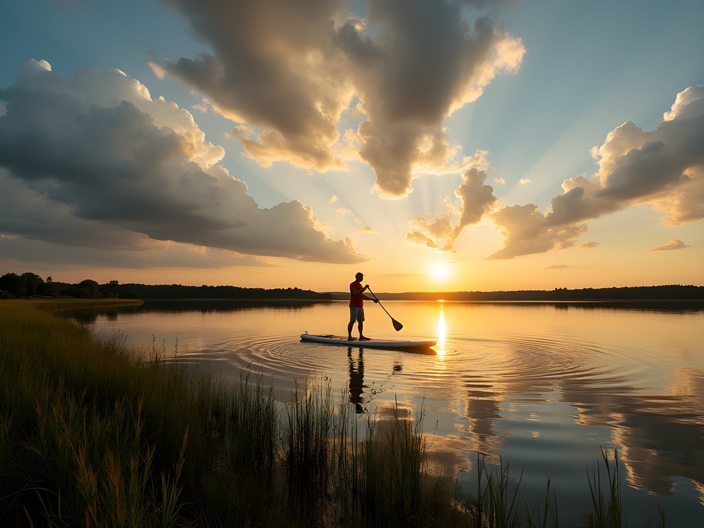 Stand-up paddleboarding on Oak Lake near Brookings, South Dakota at sunset