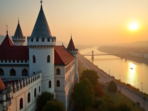 Early morning light illuminating the white stone turrets of Fisherman's Bastion with Budapest cityscape view
