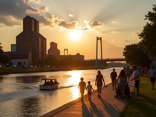 Families enjoying sunset activities at Buffalo's Canalside waterfront
