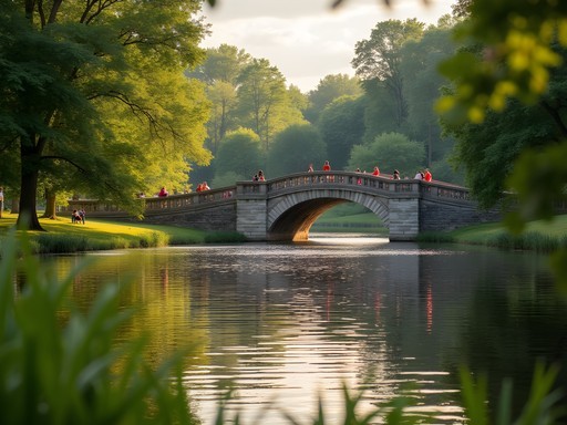 Hoyt Lake in Delaware Park with historic bridge and rowing boats