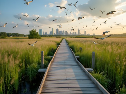 Restored wetlands at Tift Nature Preserve with Buffalo skyline in background