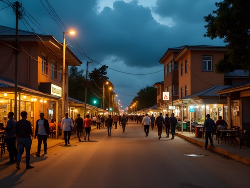 Evening street scene in Butare showing well-lit main avenue with locals and students