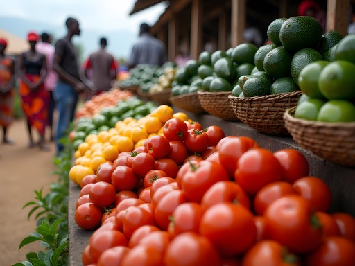 Colorful produce display at Butare's central market