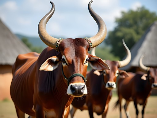 Traditional Inyambo longhorn cattle at the reconstructed King's Palace in Nyanza