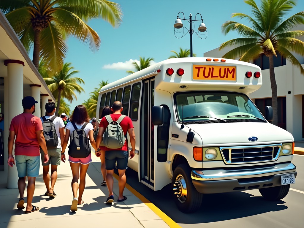 Local colectivo van transportation in Cancun with passengers boarding