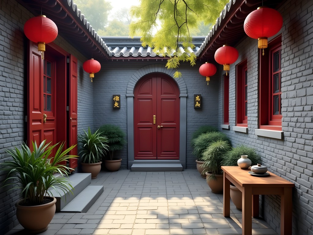Traditional Beijing hutong courtyard guesthouse with lanterns