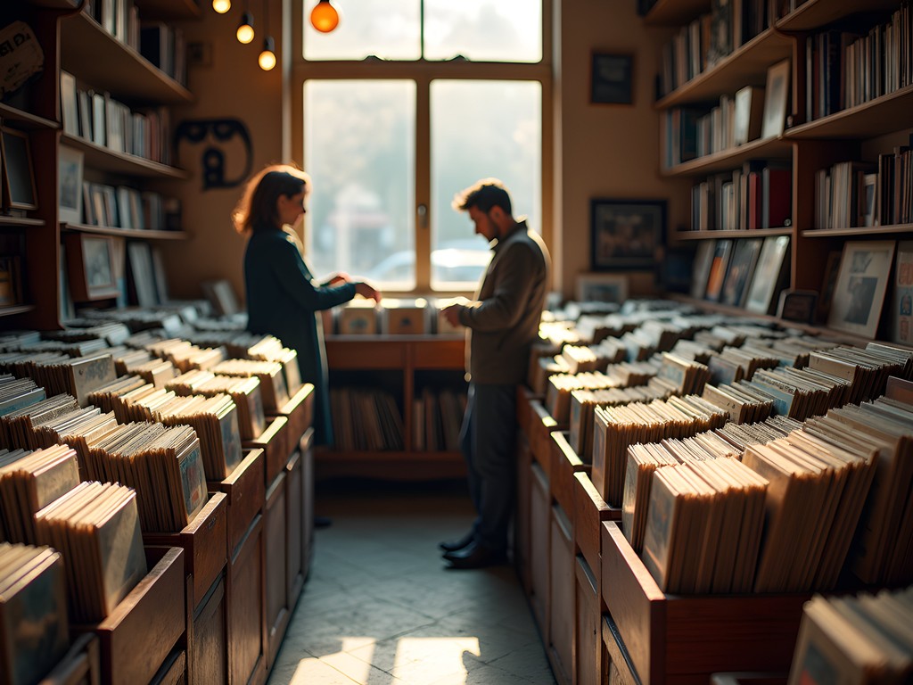 Man browsing vinyl records in a cozy Cardiff record shop with afternoon light streaming through window