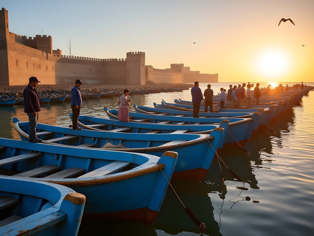 Traditional blue fishing boats in Essaouira harbor at sunset, Morocco