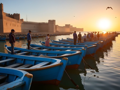 Traditional blue fishing boats in Essaouira harbor at sunset, Morocco