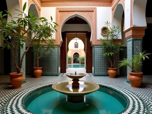 Traditional riad courtyard with fountain and zellige tilework in Marrakech, Morocco