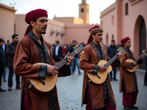 Traditional Gnawa musicians performing in a Marrakech square with historic buildings in background