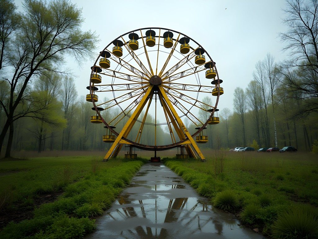Abandoned Pripyat amusement park ferris wheel with spring vegetation
