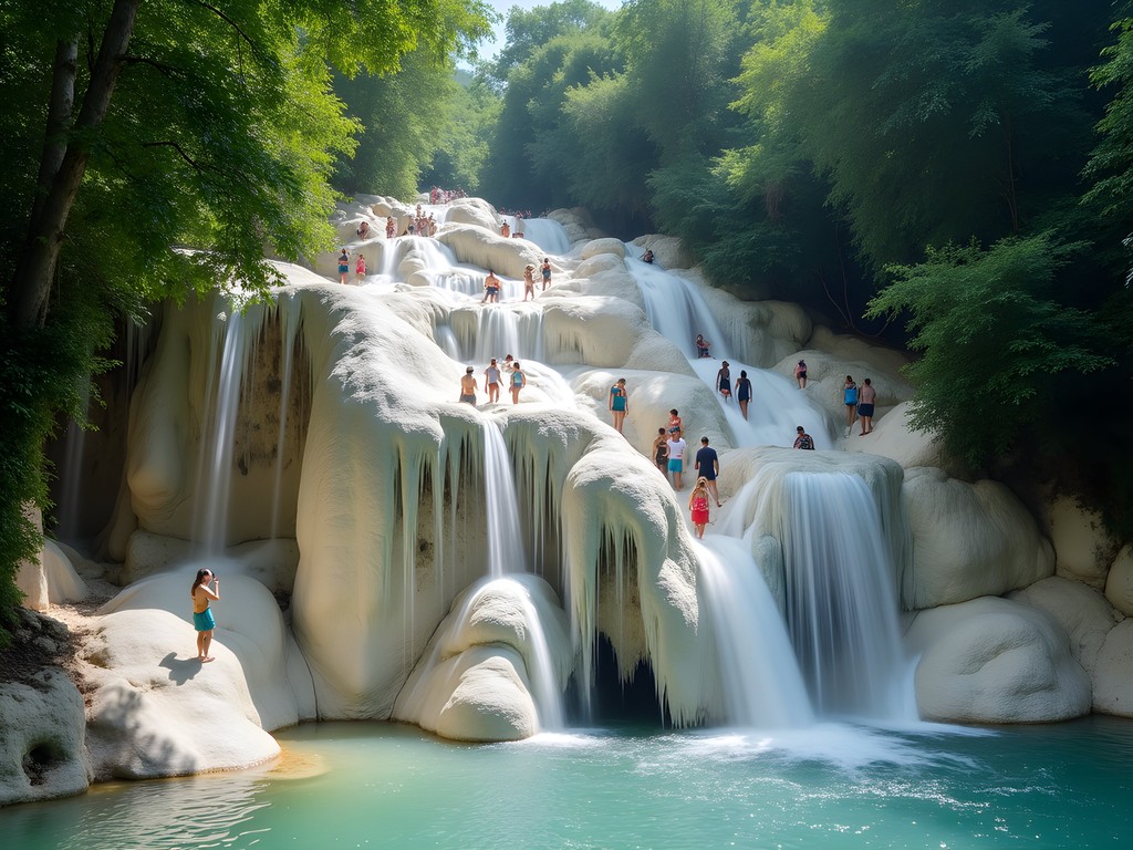 Person climbing the unique limestone Sticky Waterfalls (Bua Thong) near Chiang Mai