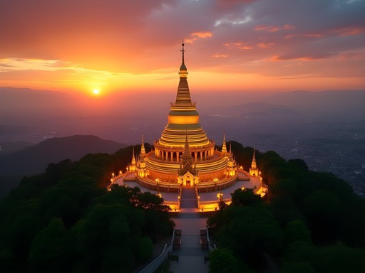 Golden pagodas of Doi Suthep temple glowing at sunset with Chiang Mai city view below