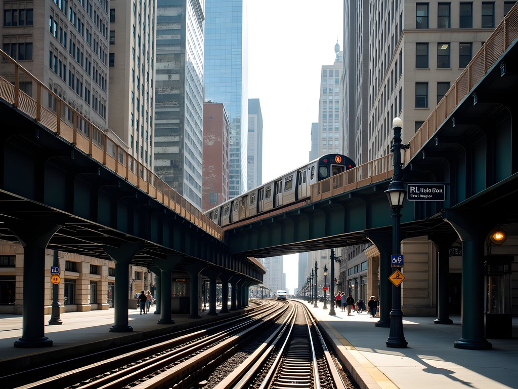 Chicago's iconic elevated L train rounding a bend in the Loop with colorful buildings in background