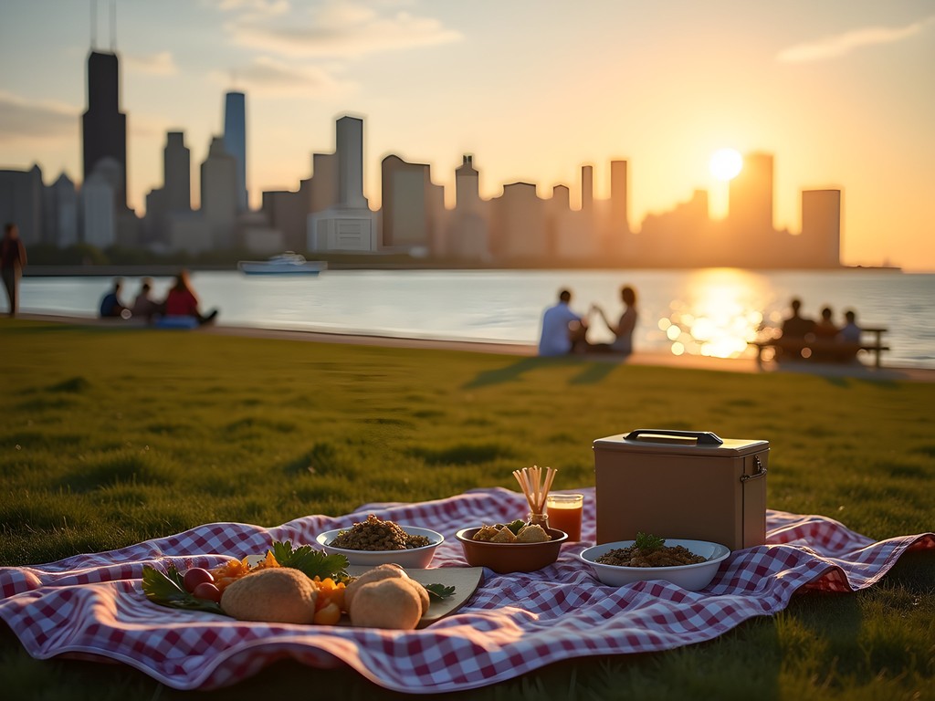 Budget picnic setup along Chicago lakefront with dramatic skyline view at sunset
