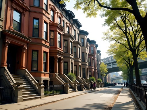 Charming brownstone buildings in Chicago's Wicker Park neighborhood with L train tracks visible