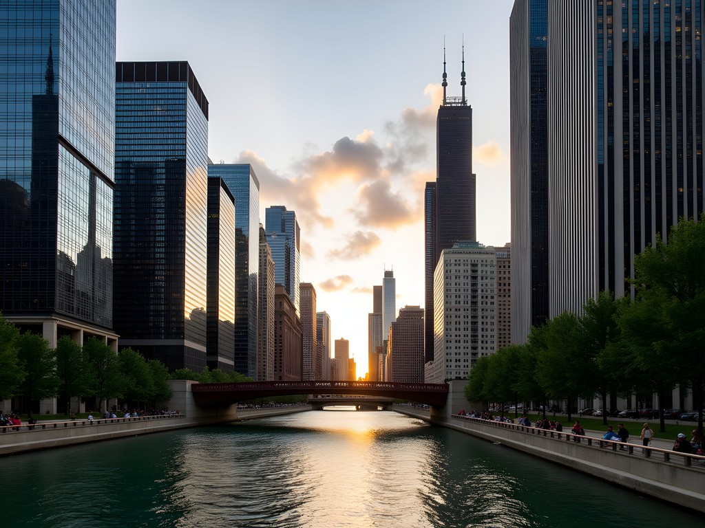 Chicago Riverwalk view of iconic skyscrapers reflecting in the river