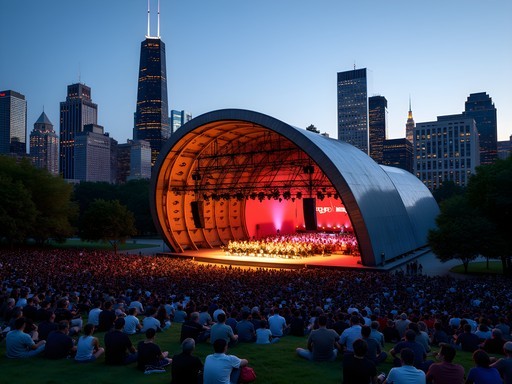 Free summer concert at Millennium Park's Pritzker Pavilion with Chicago skyline backdrop