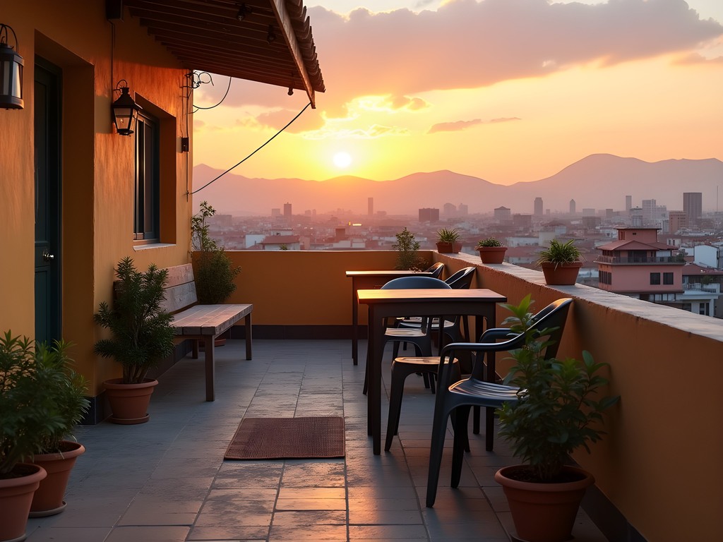 Rooftop view from budget hostel in Chiclayo showing city skyline at sunset
