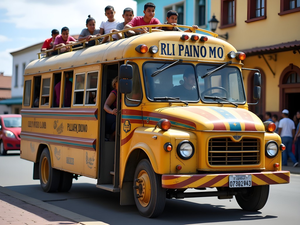 Colorful local combi van transportation in Chiclayo with passengers boarding