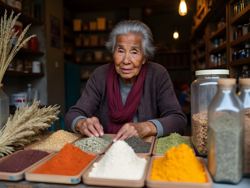 Traditional medicine vendor displaying medicinal herbs at Mercado Modelo in Chiclayo