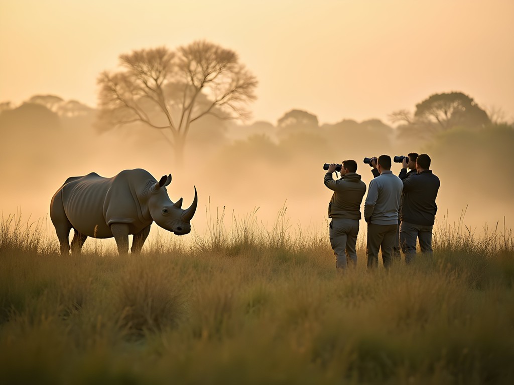 Tourists on walking safari observing one-horned rhinoceros in Chitwan National Park