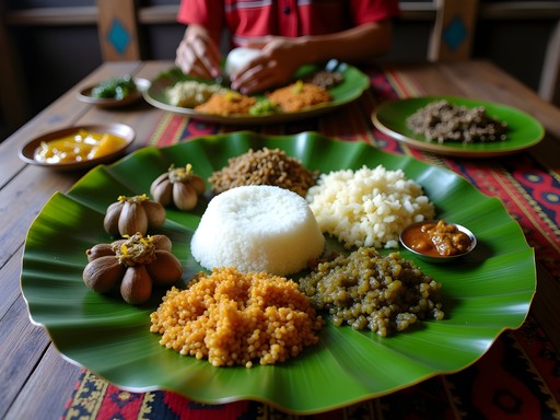 Traditional Tharu cultural meal in Chitwan with local dishes served on leaf plates