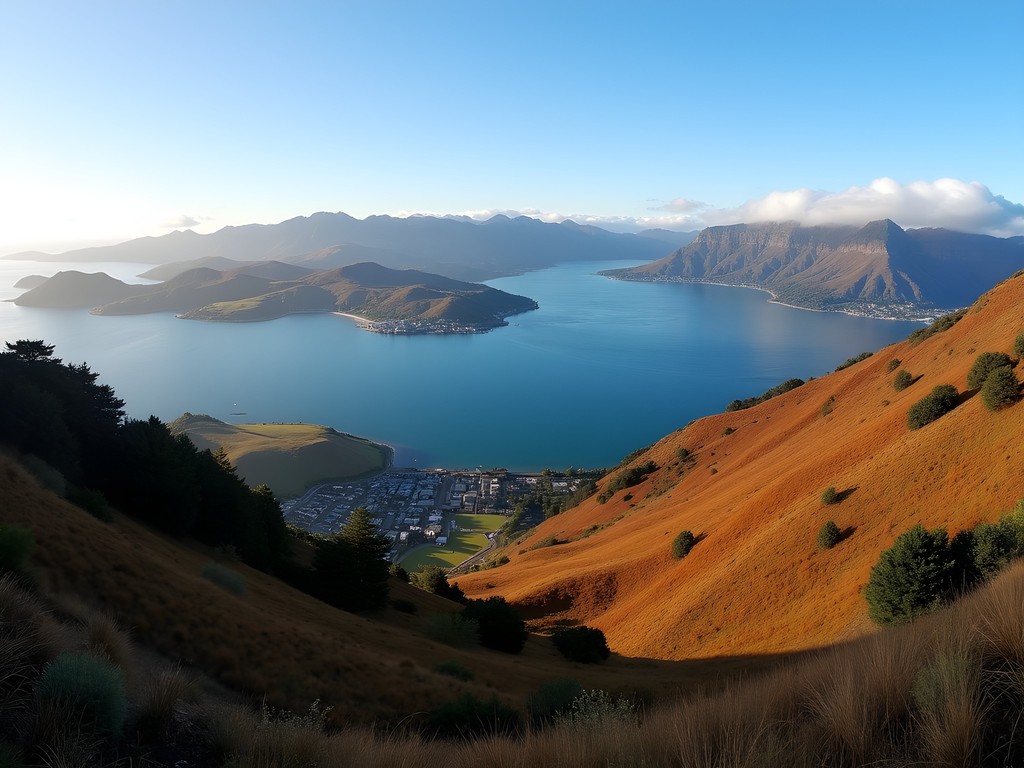 Panoramic view of Akaroa Harbor from Banks Peninsula hiking trail