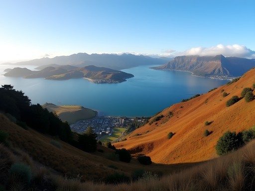 Panoramic view of Akaroa Harbor from Banks Peninsula hiking trail