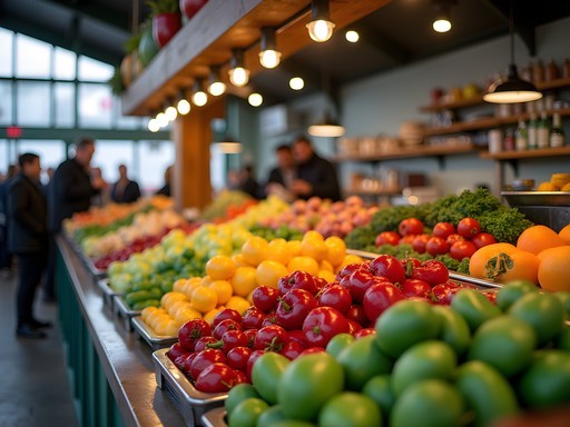 Vibrant food stalls at Riverside Market in Christchurch with fresh local produce