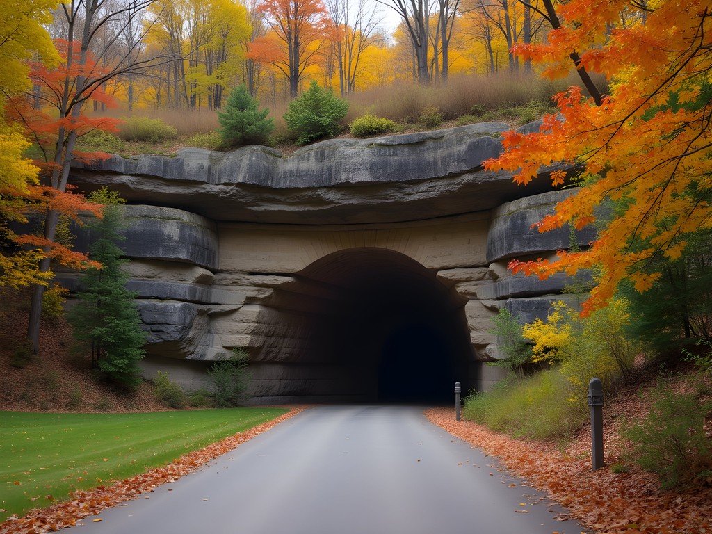Historic entrance to Dunbar Cave State Park in Clarksville, Tennessee during fall