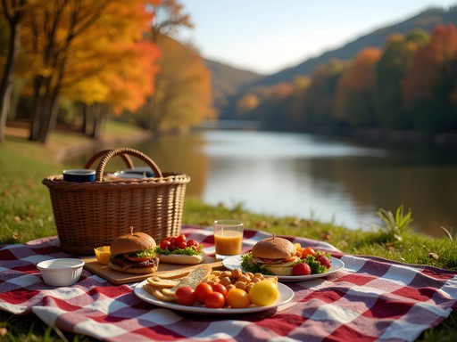 Picnic setup by the Cumberland River in Clarksville during fall with colorful foliage