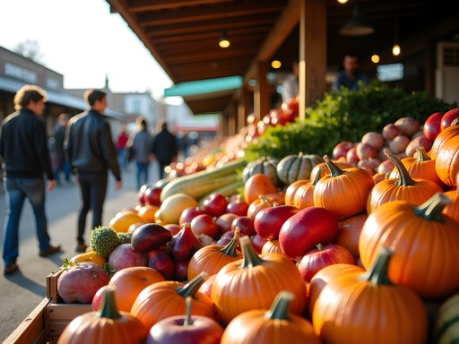 Colorful produce display at Clarksville Farmers Market with fall harvest items