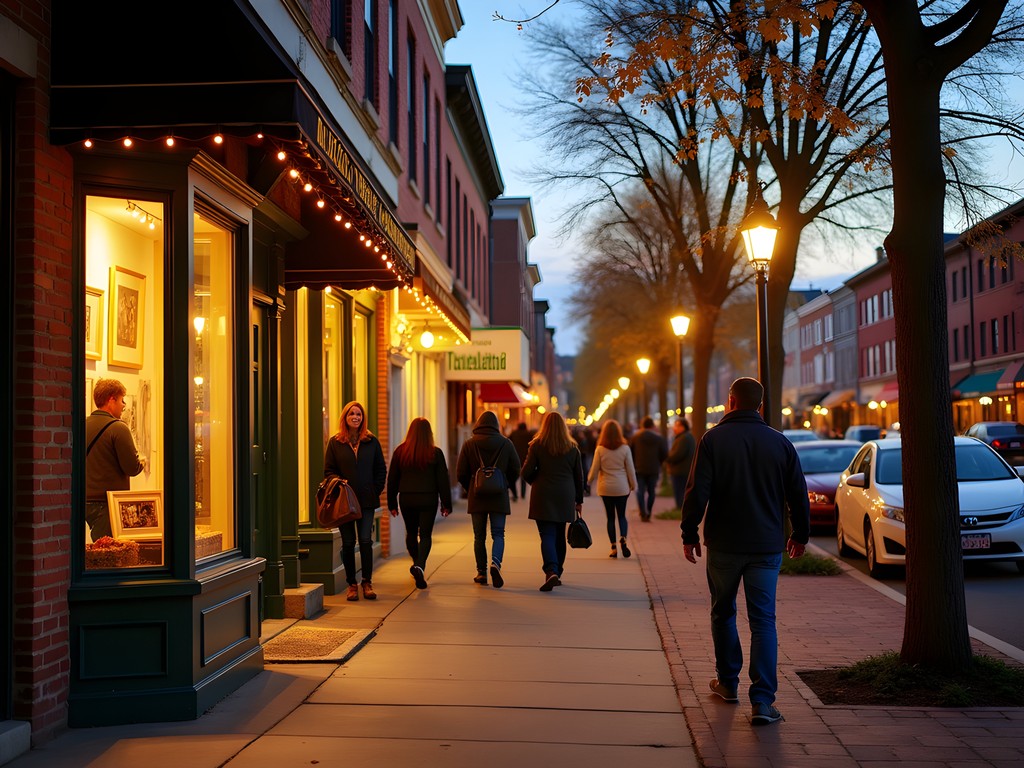Evening scene of First Thursday Art Walk in downtown Clarksville with gallery lights and fall decorations