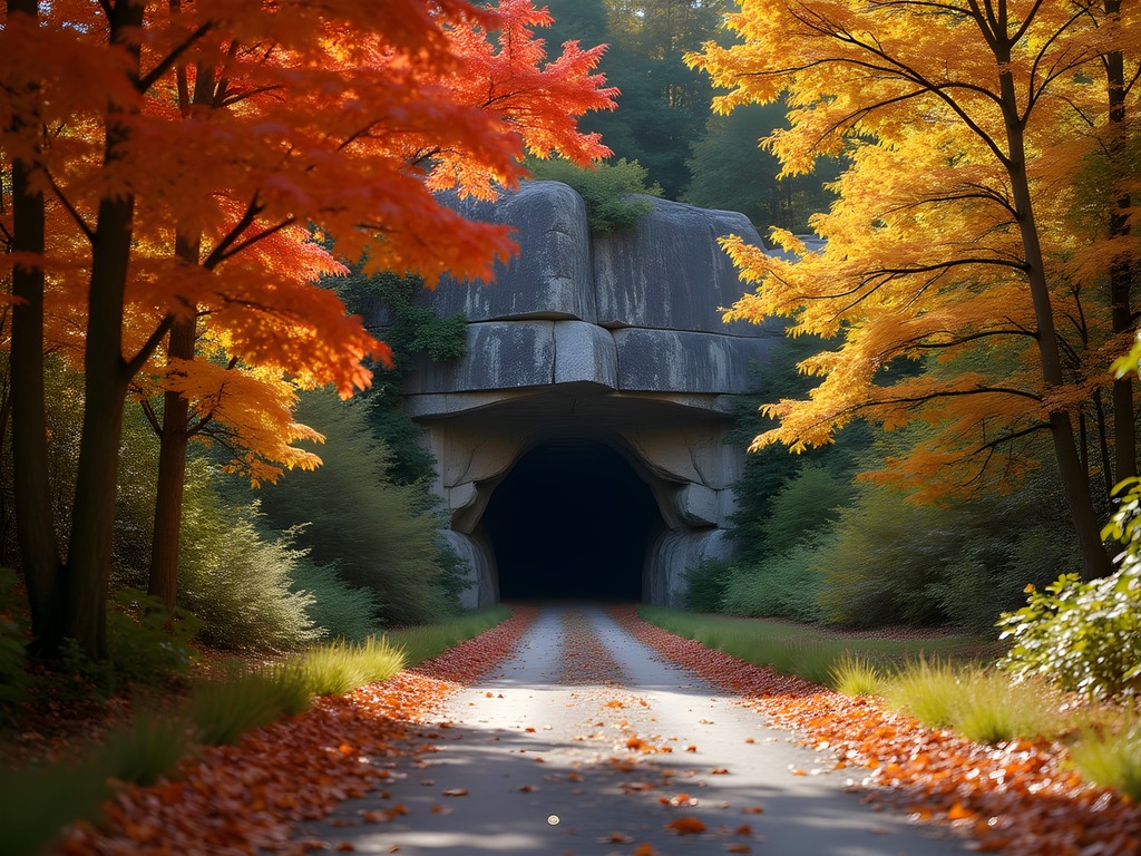 Dunbar Cave State Park entrance surrounded by vibrant fall foliage in Clarksville, Tennessee