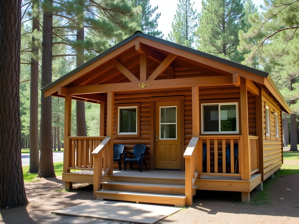 Cozy budget cabin at Coeur d'Alene KOA campground surrounded by pine trees