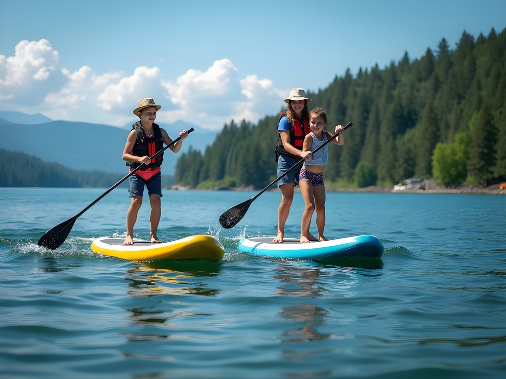 Family paddleboarding near Tubbs Hill on Lake Coeur d'Alene