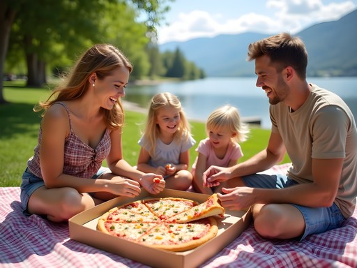 Family enjoying pizza picnic at Coeur d'Alene City Park with lake view