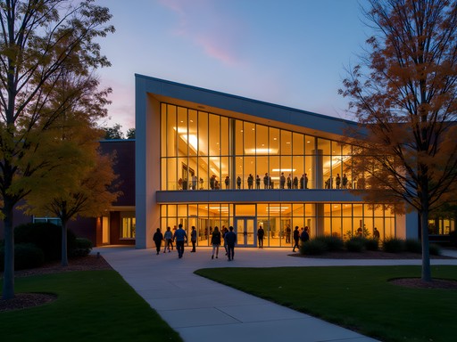 Clarice Smith Performing Arts Center illuminated in evening with students