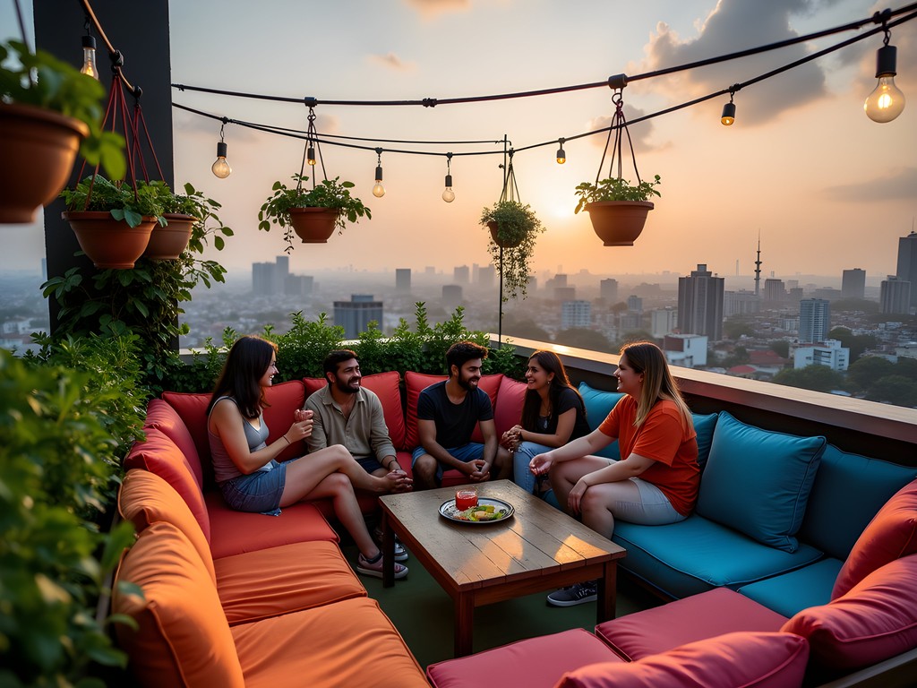 Budget hostel rooftop view of Colombo skyline at sunset
