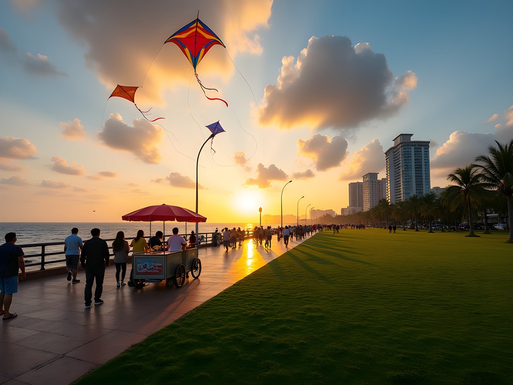 Sunset at Galle Face Green with kites flying and street food vendors