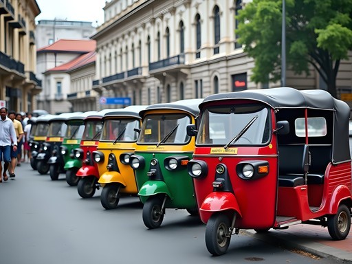 Colorful tuk-tuks lined up on a busy Colombo street with colonial architecture